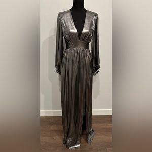 Holiday Gianni Bini Metallic Long Sleeve Dress with plunging V back and slit